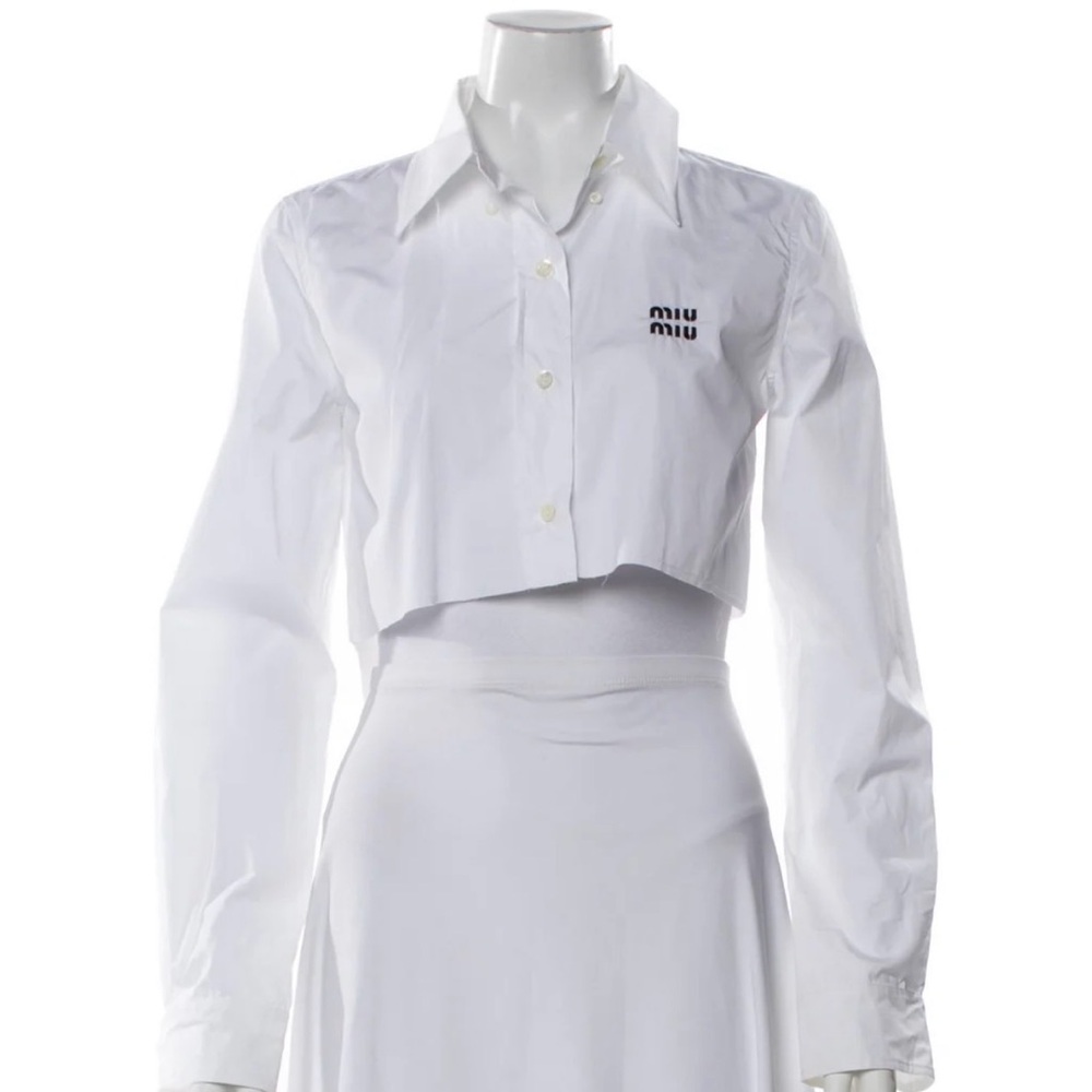 Miu Miu White Cropped Button-Front Shirt with Black Logo
